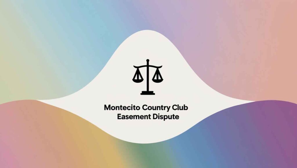 A modern, minimalist illustration with a smooth gradient background transitioning from one random color on the left to another random color on the right. The center features a small icon symbolizing the Montecito Country Club easement dispute, combining a scale of justice and a golf flag to represent the legal and land-use conflict.